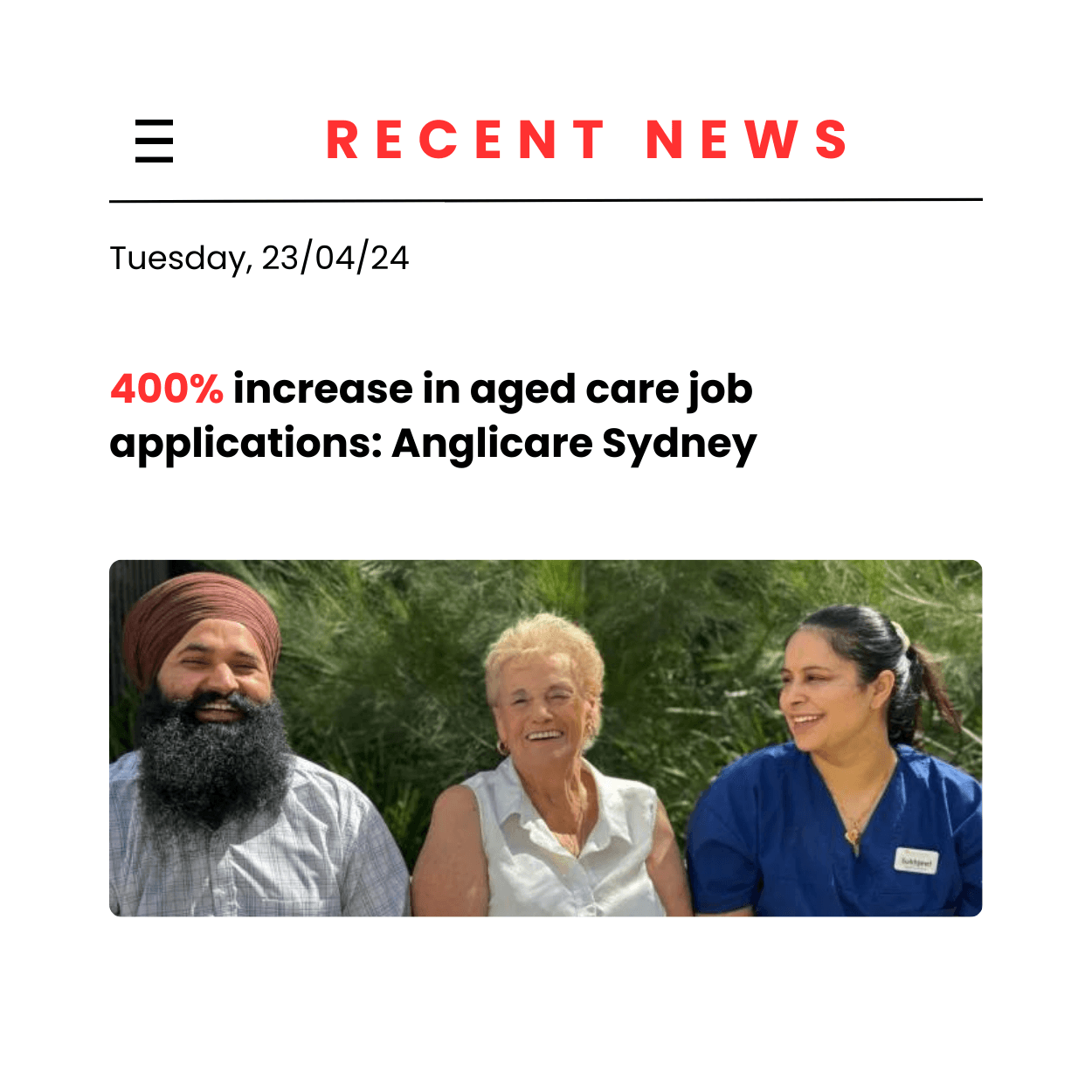 400% increase in aged care job applications: Anglicare Sydney 400% increase in aged care job applications: Anglicare Sydney